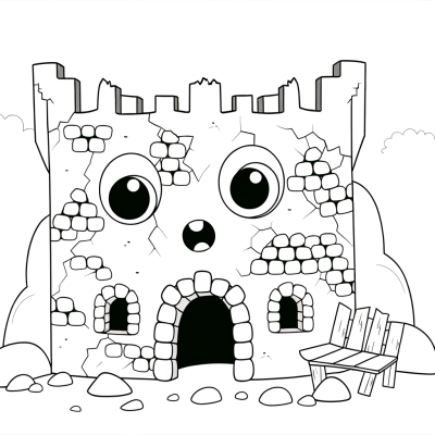 Cartoon ruined ancient castle coloring page with crumbling walls and medieval architecture details