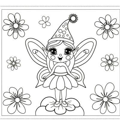 Cartoon spring fairy coloring page with blooming flowers surrounding a magical fairy character