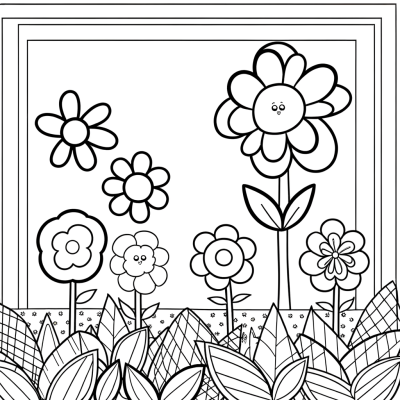 Cartoon spring garden coloring page with various blooming flowers and garden elements