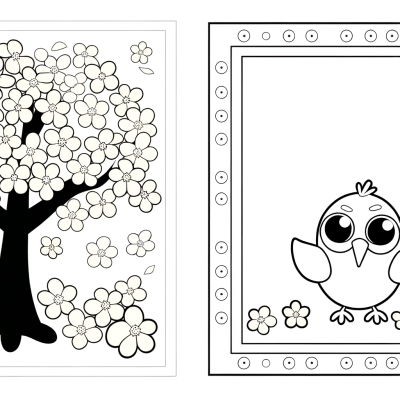 Cartoon spring tree coloring page with blossoms and bird perched on branch