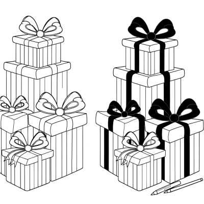 Cartoon stack of wrapped birthday presents with decorative bows coloring page