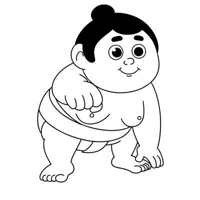 Cartoon sumo wrestler coloring page showing wrestler in traditional pushing stance