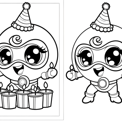 Cartoon superhero birthday party coloring page with balloons and celebration decorations