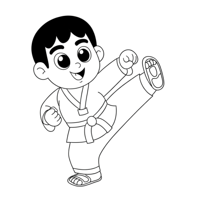 Cartoon taekwondo athlete performing spinning kick coloring page