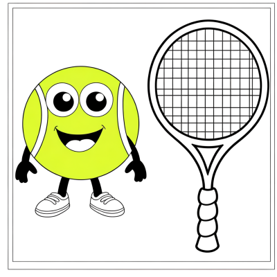 Cartoon tennis ball and racket coloring page with bold outlines for kids