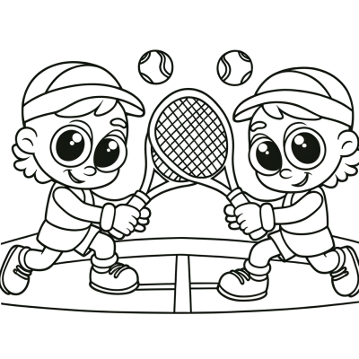 Cartoon tennis doubles match coloring page showing four players in action on a tennis court