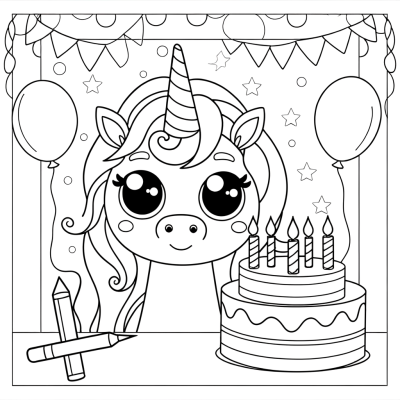 Cartoon unicorn birthday party decorations coloring page with balloons and festive elements