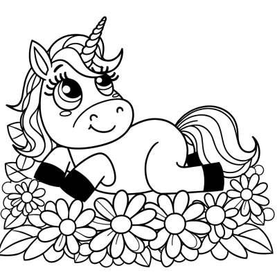 Coloring page of a cartoon unicorn lying peacefully in a bed of flowers
