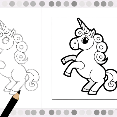 Cartoon unicorn rearing up on hind legs with glowing spiral horn coloring page