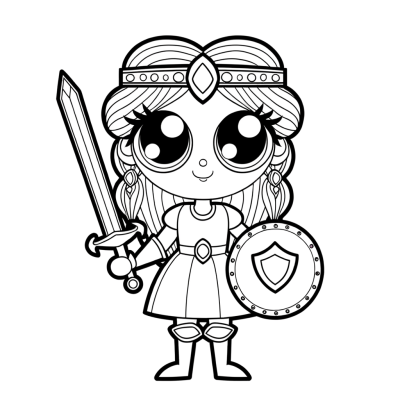 Cartoon warrior princess coloring page showing a brave female character holding a sword and shield