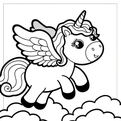 Cartoon winged unicorn with flowing mane flying through clouds coloring page