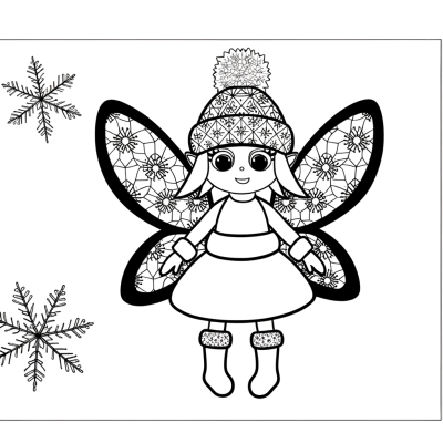 Cartoon winter fairy coloring page with detailed snowflake patterned wings