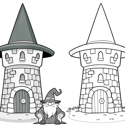 Coloring page showing a cartoon wizard tower attached to a grand castle with medieval architecture