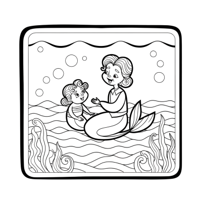 Cartoon coloring page of young mermaid learning to swim with mother mermaid underwater