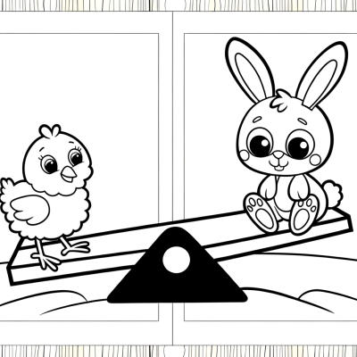 Coloring page showing a cute chick and bunny rabbit playing on a seesaw together