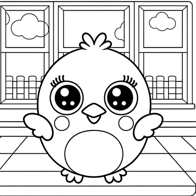 Easter chick sitting at school desk with books learning coloring page