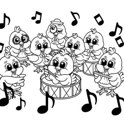 Coloring page illustration of cute baby chicks forming a band and playing musical instruments