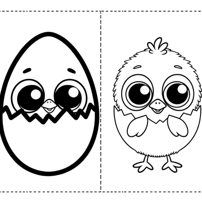 Coloring page showing a cute baby chick hatching from a cracked chocolate Easter egg