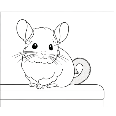 Coloring page of a cute chinchilla with soft grey fur sitting on a ledge