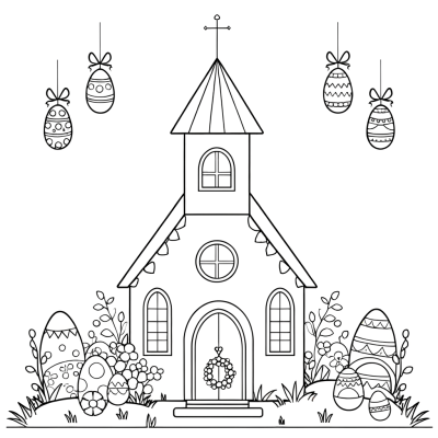 Coloring page of a church building decorated with Easter lilies, crosses, and holiday decorations