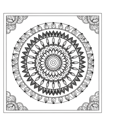 Circular mandala coloring page with intricate floral patterns and symmetrical design