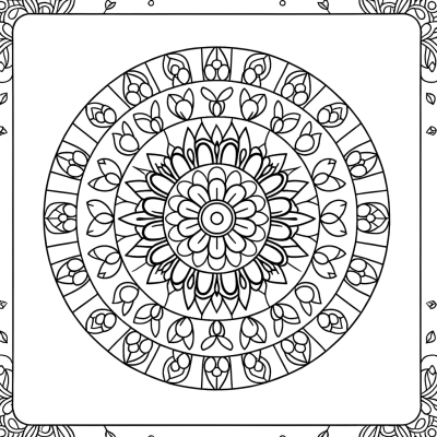 Circular mandala coloring page with intricate floral patterns and symmetrical design