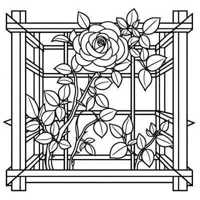 Coloring page showing climbing roses growing on a garden trellis with detailed flowers and leaves