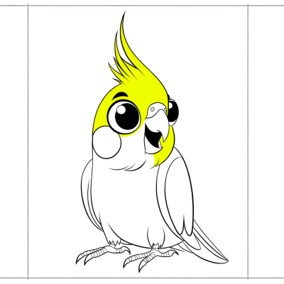 Coloring page of a happy cockatiel bird with yellow crest feathers singing
