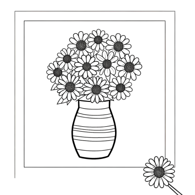 Coloring page of a mixed flower bouquet with various blooms in a decorative vase