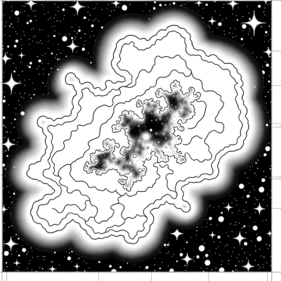 Coloring page illustration of a colorful nebula cloud in space with stars