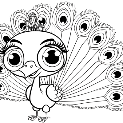 Coloring page of a peacock with spread tail feathers showing detailed plumage patterns