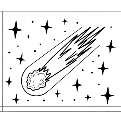 Coloring page illustration of a comet with long glowing tail streaking across space