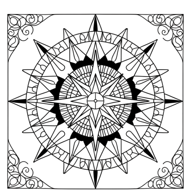 Compass rose mandala coloring page with nautical design featuring intricate patterns and maritime elements