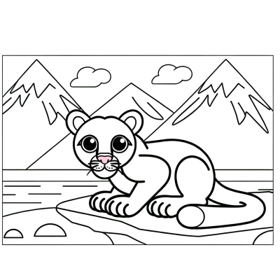 Coloring page illustration of a cougar standing on a rocky mountain ledge