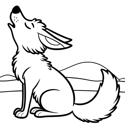 Coloring page illustration of a coyote howling at dusk with detailed sky background