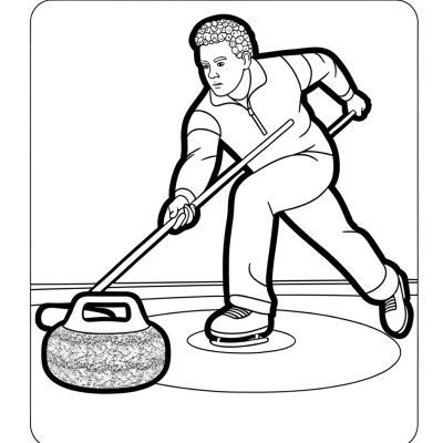 Coloring page showing curling player releasing stone on ice rink