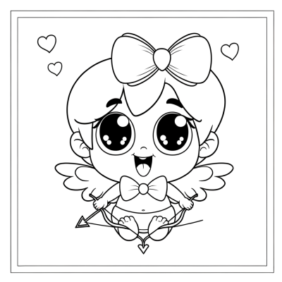 Cute chibi cupid coloring page with large bow and arrow, kawaii style line art for kids