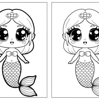 Cute chibi mermaid coloring page with large eyes and small tail for kids to color