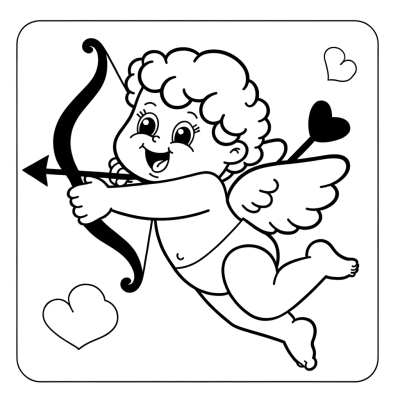 Coloring page of a cute cupid with bow and arrow flying