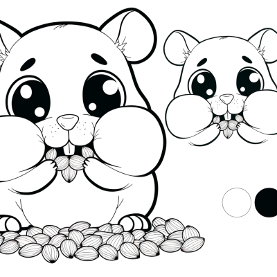 Cute hamster coloring page showing hamster with stuffed cheeks full of sunflower seeds