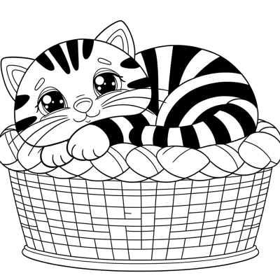 a cute tabby kitten curled up sleeping in a cozy basket coloring page
