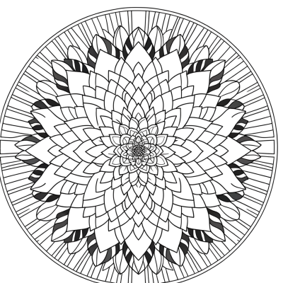 Dahlia mandala coloring page with multiple layers of detailed petals in circular pattern