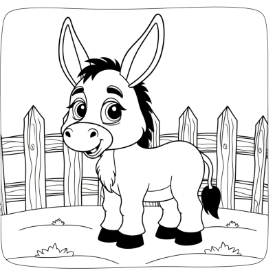 Coloring page illustration of a donkey with long ears standing next to a wooden fence