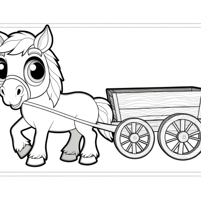 Coloring page illustration of a draft horse pulling a wooden cart
