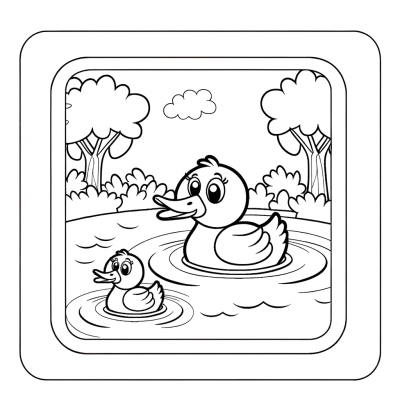 Coloring page showing a duck family with parent ducks and ducklings swimming in a pond with water plants