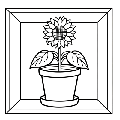 Line drawing of a dwarf sunflower with petals and center in a decorative pot for coloring
