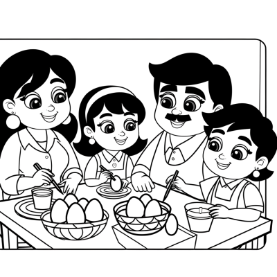 Coloring page showing a happy family of parents and children sitting around a table coloring Easter eggs together
