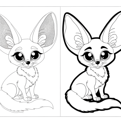 Coloring page of a cute fennec fox with large prominent ears