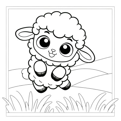 Coloring page outline of a cute fluffy baby lamb jumping happily in a grassy field