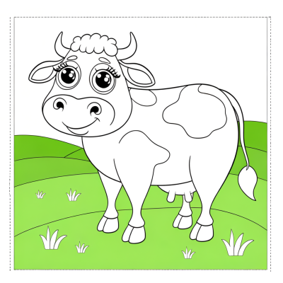 Coloring page of a smiling cow standing in a grassy pasture with flowers